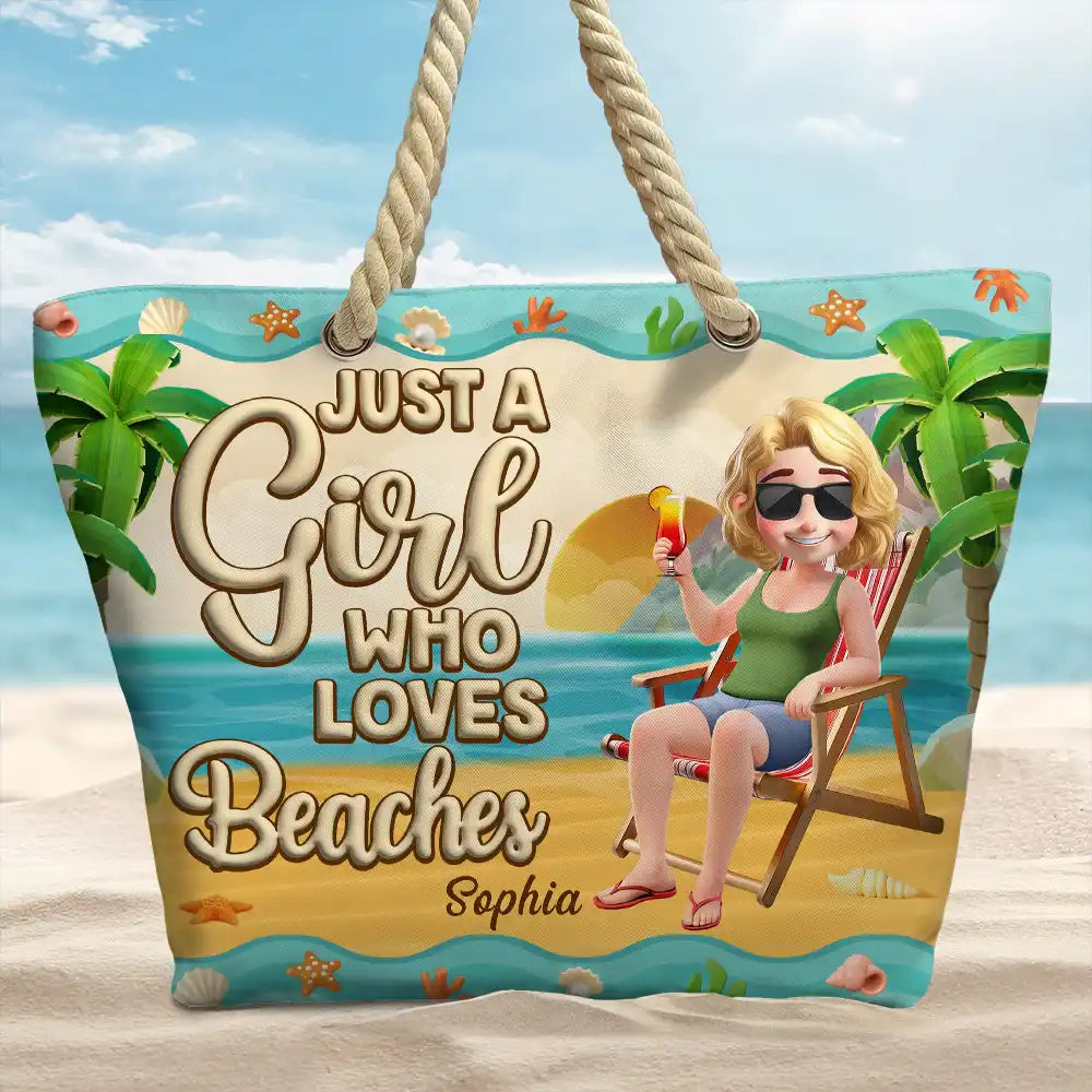 Happy,Gift For Yourself,Gift For Women,Gift For Wife,Gift For Girlfriend,Gift For Mother,Gift For Grandma,Travel,Beach,Swimming - Just A Girl Who Loves Beaches Cartoon - Personalized Beach Bag
