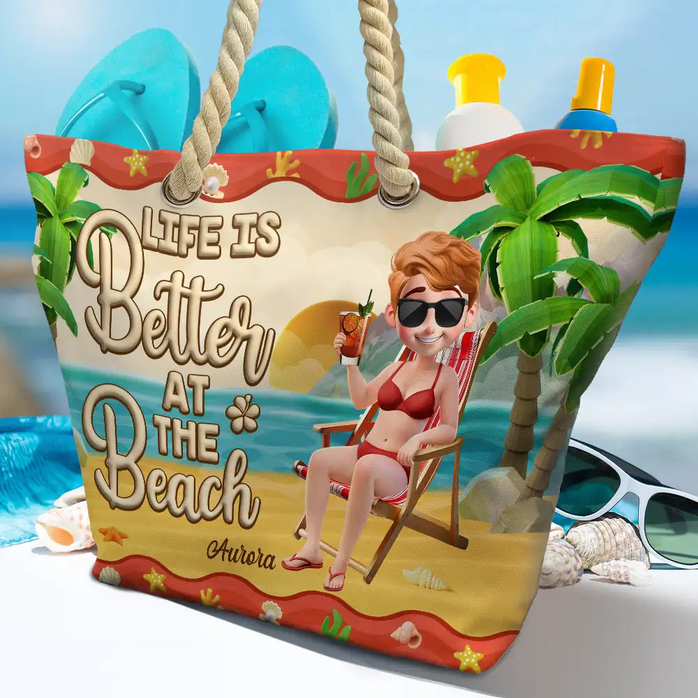 Happy,Gift For Yourself,Gift For Women,Gift For Wife,Gift For Girlfriend,Gift For Mother,Gift For Grandma,Travel,Beach,Swimming - Just A Girl Who Loves Beaches Cartoon - Personalized Beach Bag
