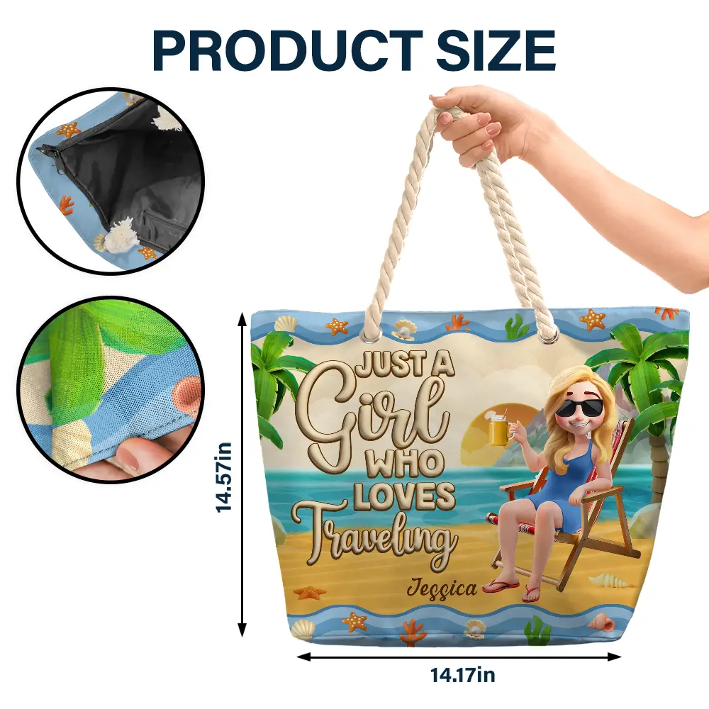 Happy,Gift For Yourself,Gift For Women,Gift For Wife,Gift For Girlfriend,Gift For Mother,Gift For Grandma,Travel,Beach,Swimming - Just A Girl Who Loves Beaches Cartoon - Personalized Beach Bag
