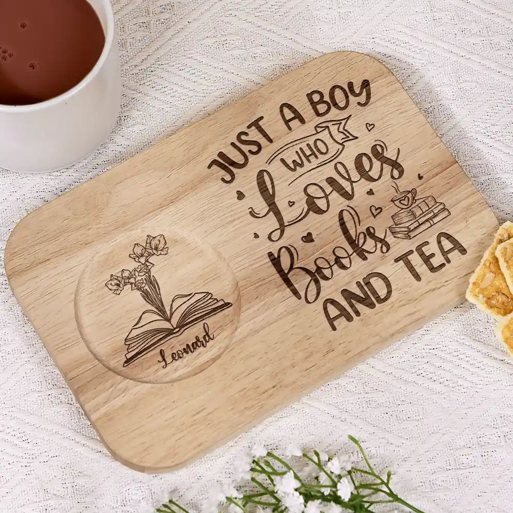 Gift For Yourself,Gift For Women,Gift For Men,Happy,Reading - Just A Girl Who Loves Books And Coffee - Personalized Serving Board With Cup Holder