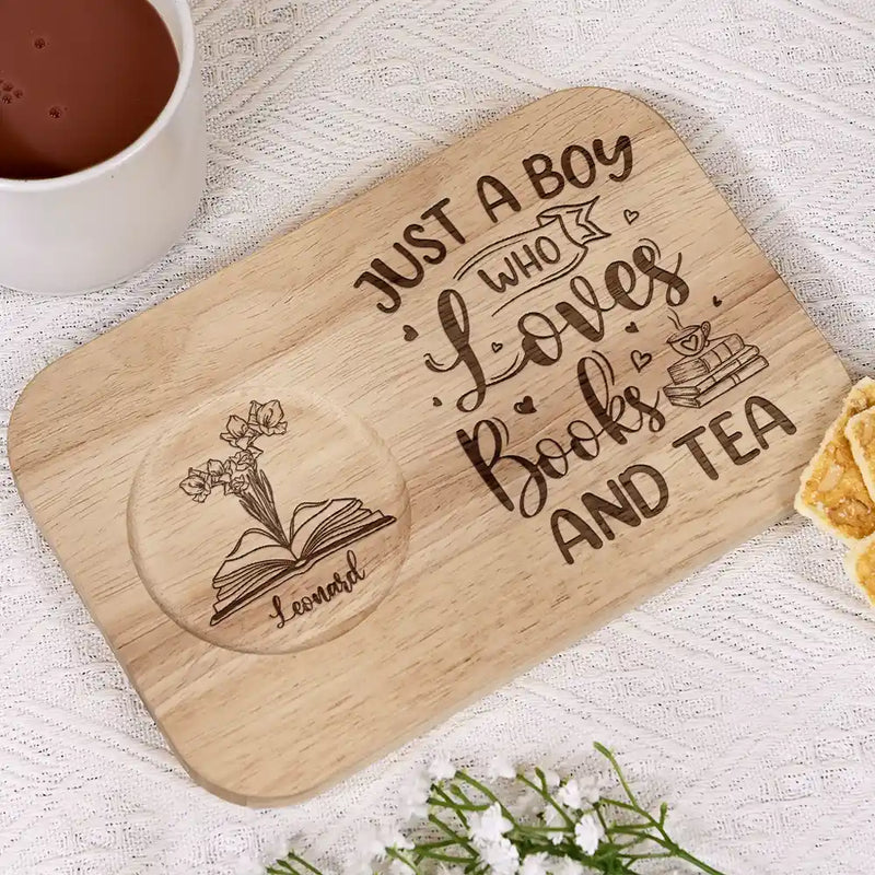 Gift For Yourself,Gift For Women,Gift For Men,Happy,Reading - Just A Girl Who Loves Books And Coffee - Personalized Serving Board With Cup Holder