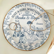 Reading,Gift For Women,Dog Lovers,Dog Mom,Pet Lovers,Pet Mom,Happy - Just A Girl Who Loves Books And Dogs - Personalized Round Ring Dish