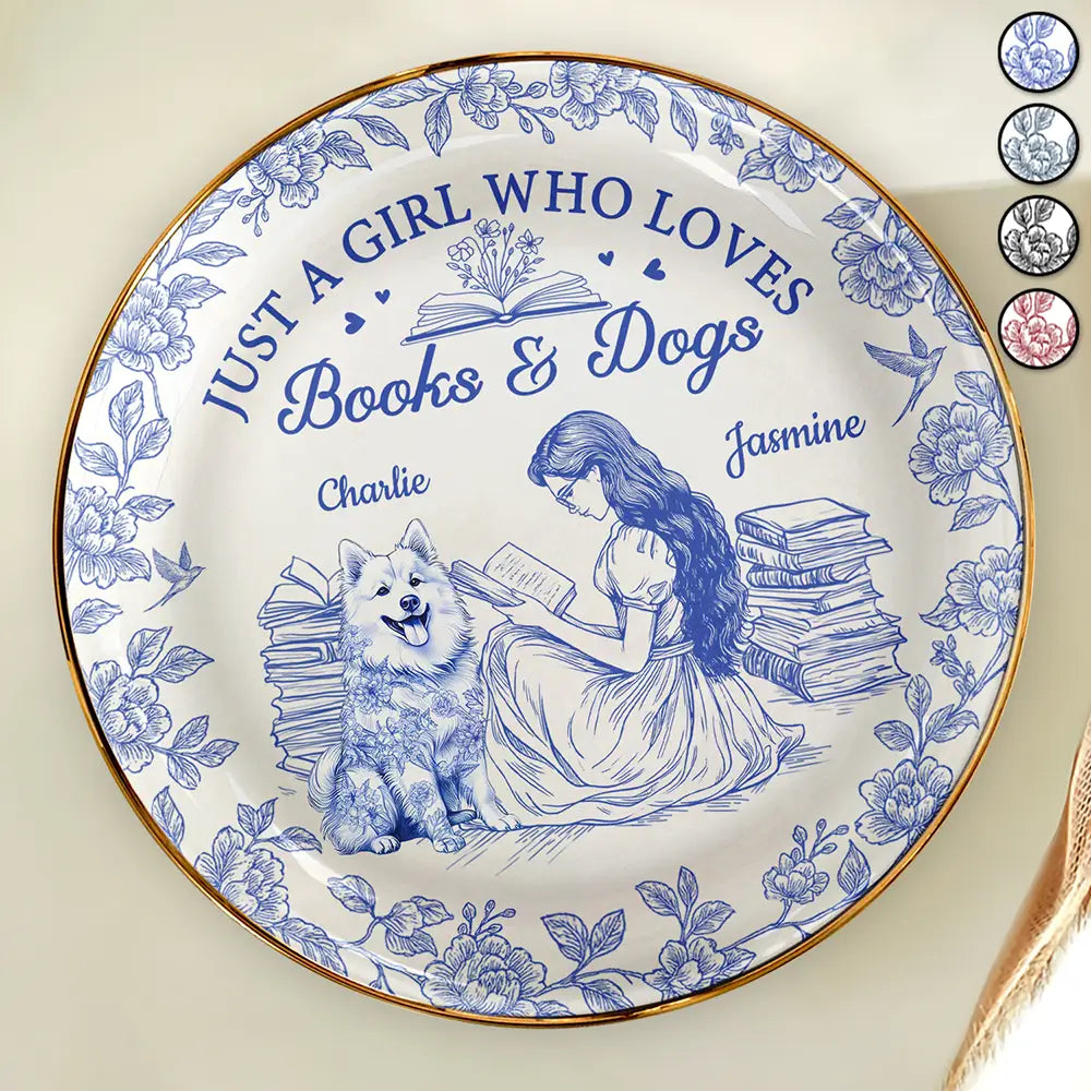 Reading,Gift For Women,Dog Lovers,Dog Mom,Pet Lovers,Pet Mom,Happy - Just A Girl Who Loves Books And Dogs - Personalized Round Ring Dish