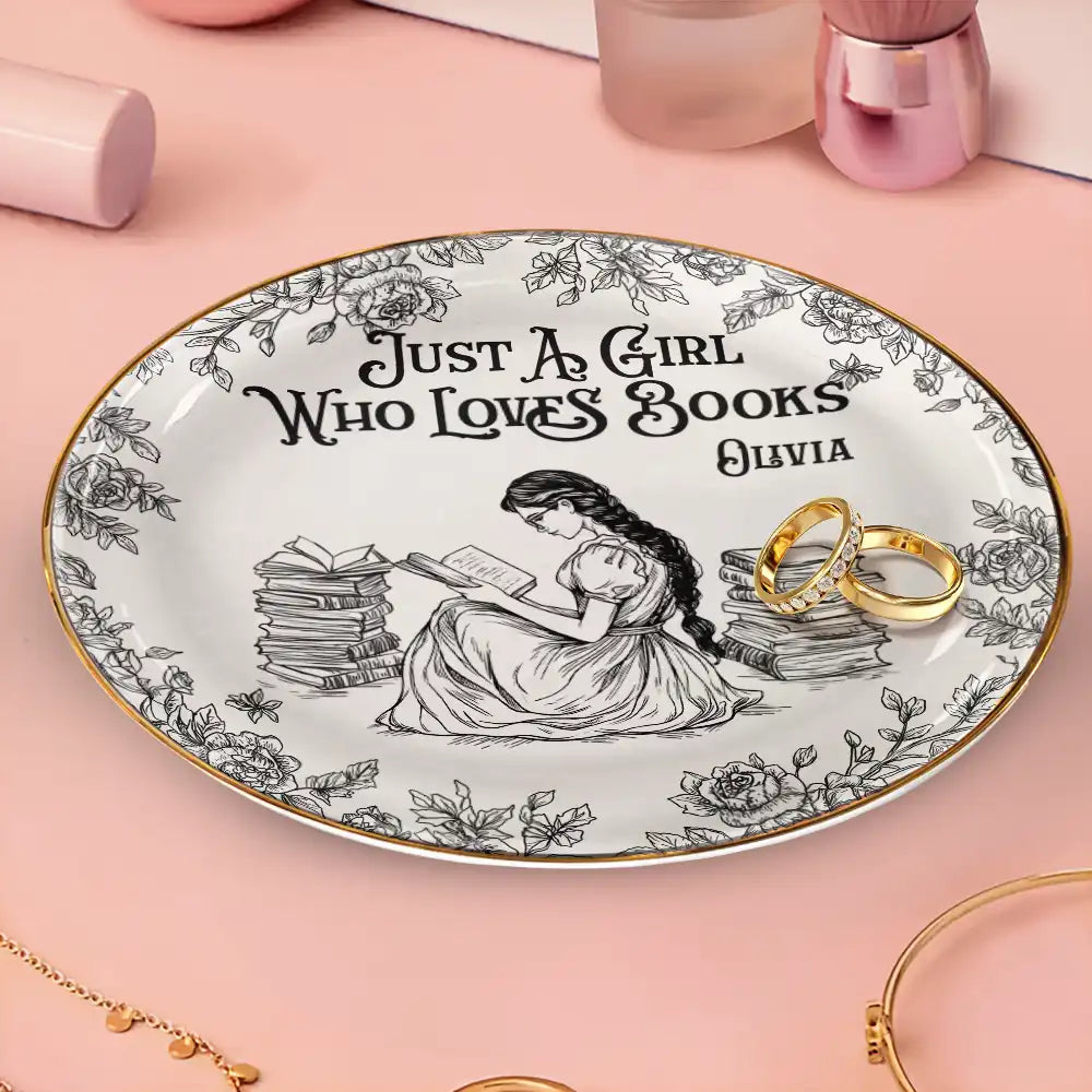Reading, Gift For Yourself, Gift For Women, Happy - Just A Girl Who Loves Books Toile De Jouy Pattern - Personalized Round Ring Dish