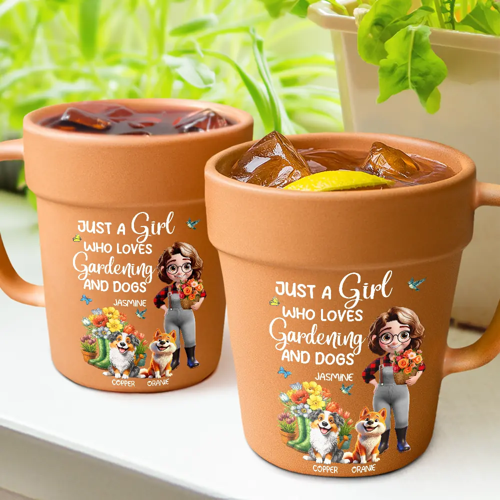 Gardening,Gift For Women,Happy,Pet Lovers,Pet Mom,Dog Lovers,Dog Mom - Just A Girl Who Loves Gardening And Dogs - Personalized Plant Pot Ceramic Mug