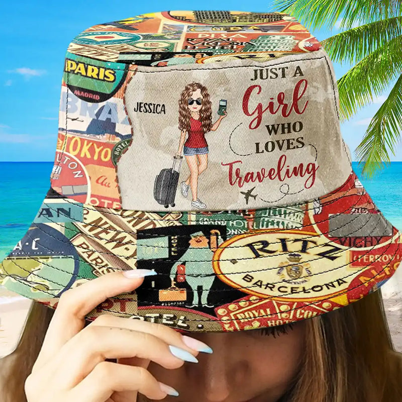 Travel, Gift For Yourself, Happy, Gift For Men, Gift For Women - Just A Girl Who Loves Traveling - Personalized Bucket Hat