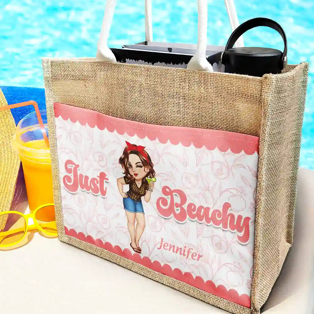 Gift For Yourself, Gift For Women, Summer, Beach, Happy - Just Beachy - Personalized Jute Tote Bag