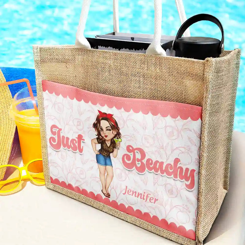 Gift For Yourself, Gift For Women, Summer, Beach, Happy - Just Beachy - Personalized Jute Tote Bag