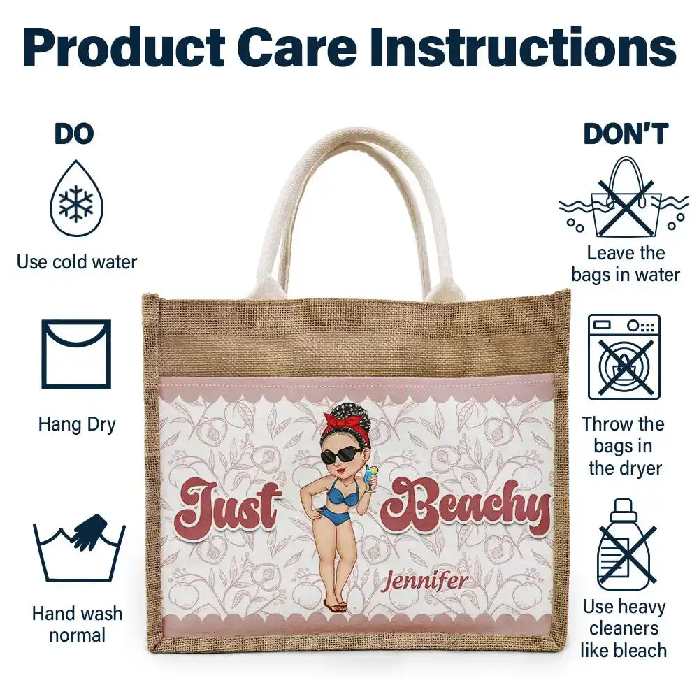 Gift For Yourself, Gift For Women, Summer, Beach, Happy - Just Beachy - Personalized Jute Tote Bag