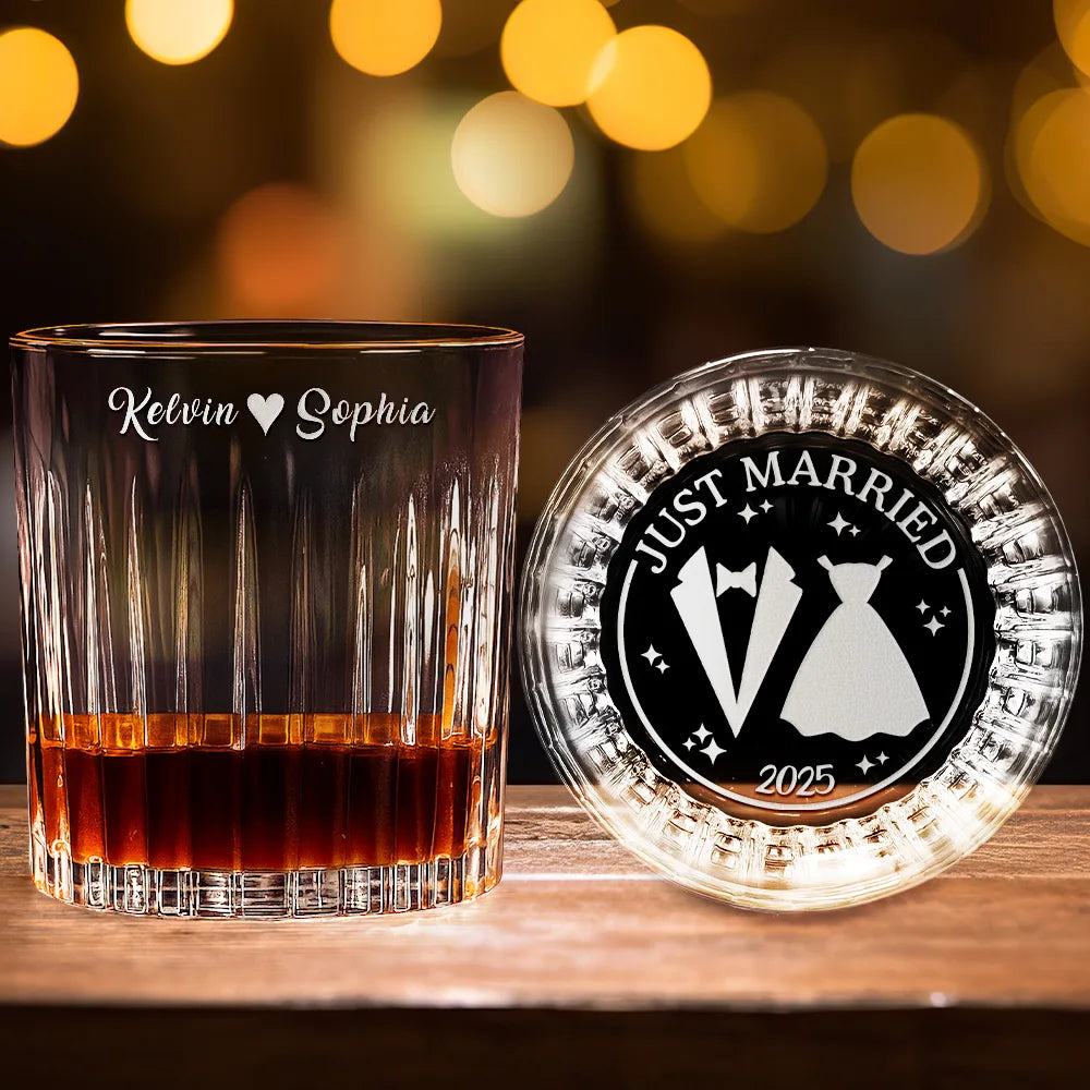Gift For Couples,Gift For Husband,Gift For Wife,Gift For Boyfriend,Gift For Girlfriend - Just Married - Personalized Rocks Whiskey Glass