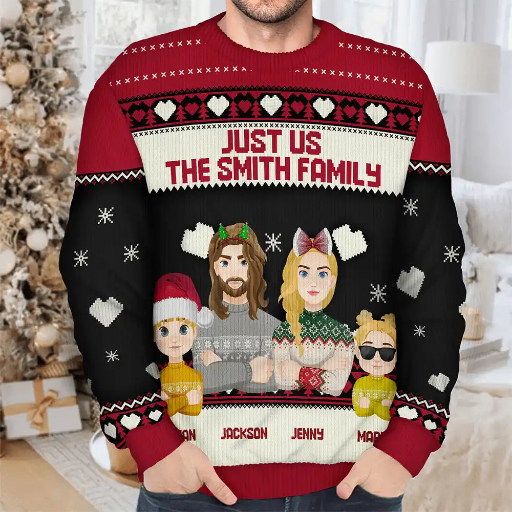 Pull moche unisexe personnalisé « Just Us Family Flat Art » 
