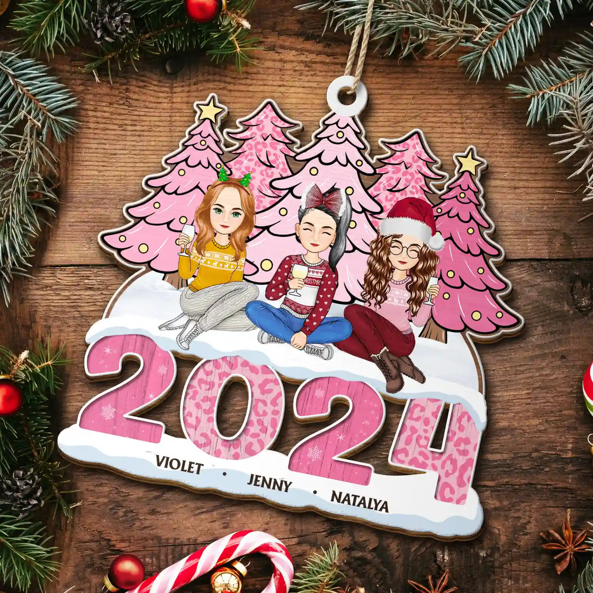 Gift For Bestie, Sisters - 2024 Christmas Sisters Besties Forever - Personalized Wooden Cutout Ornament