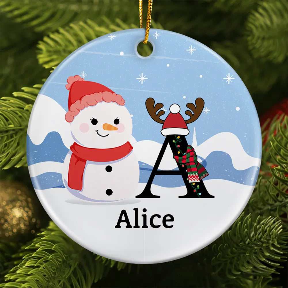 Bonhomme de neige de Noël monogramme - Ornement en céramique rond personnalisé