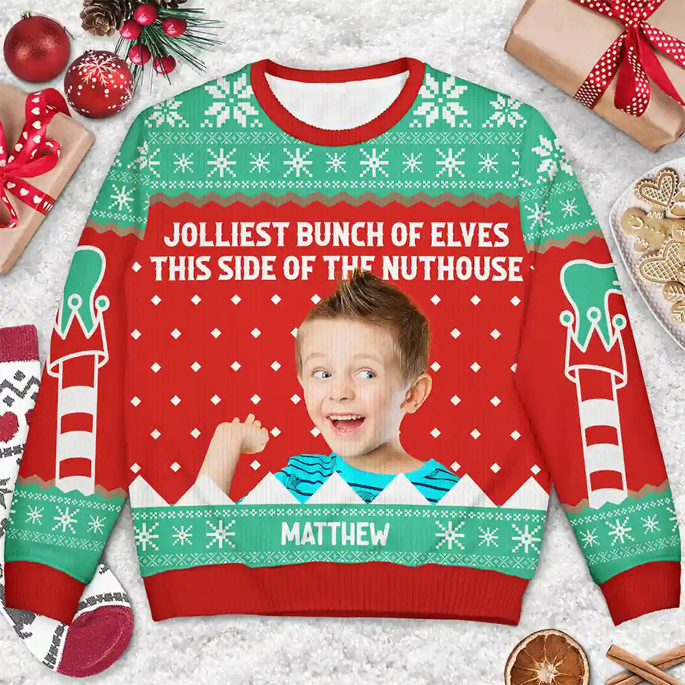 Gift For Couples, Gift For Mother, Gift For Father, Gift For Kids, Family, Parents - Custom Photo Jolliest Bunch Of Elves - Personalized Unisex Ugly Sweater