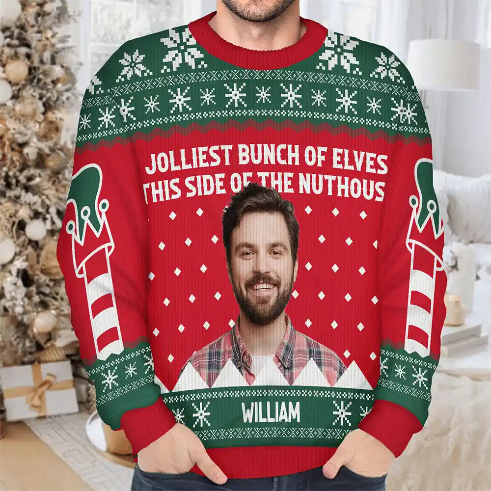 Gift For Couples, Gift For Mother, Gift For Father, Gift For Kids, Family, Parents - Custom Photo Jolliest Bunch Of Elves - Personalized Unisex Ugly Sweater