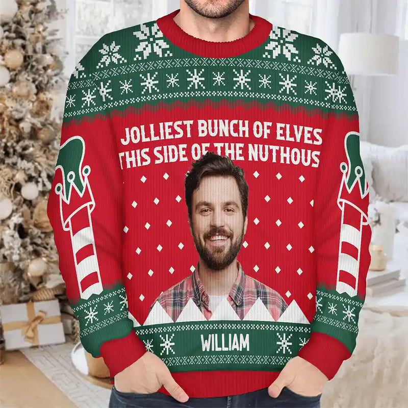 Gift For Couples, Gift For Mother, Gift For Father, Gift For Kids, Family, Parents - Custom Photo Jolliest Bunch Of Elves - Personalized Unisex Ugly Sweater
