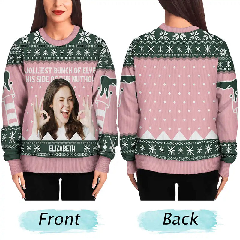 Gift For Couples, Gift For Mother, Gift For Father, Gift For Kids, Family, Parents - Custom Photo Jolliest Bunch Of Elves - Personalized Unisex Ugly Sweater