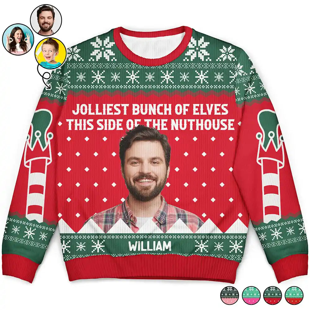 Gift For Couples, Gift For Mother, Gift For Father, Gift For Kids, Family, Parents - Custom Photo Jolliest Bunch Of Elves - Personalized Unisex Ugly Sweater