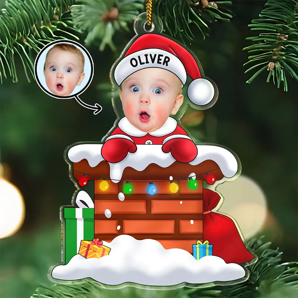 Custom Photo Christmas Santa Baby Down The Chimney - Personalized Cutout Acrylic Ornament