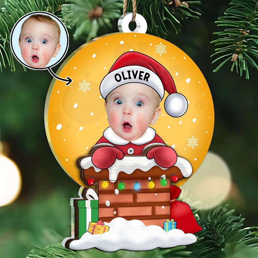 Custom Photo Christmas Santa Baby Down The Chimney - Personalized 2-Layered Mix Ornament
