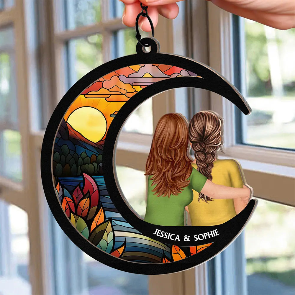 Gift For Bestie, Sisters - Sisters Besties Love You To The Moon - Personalized Window Hanging Suncatcher Ornament