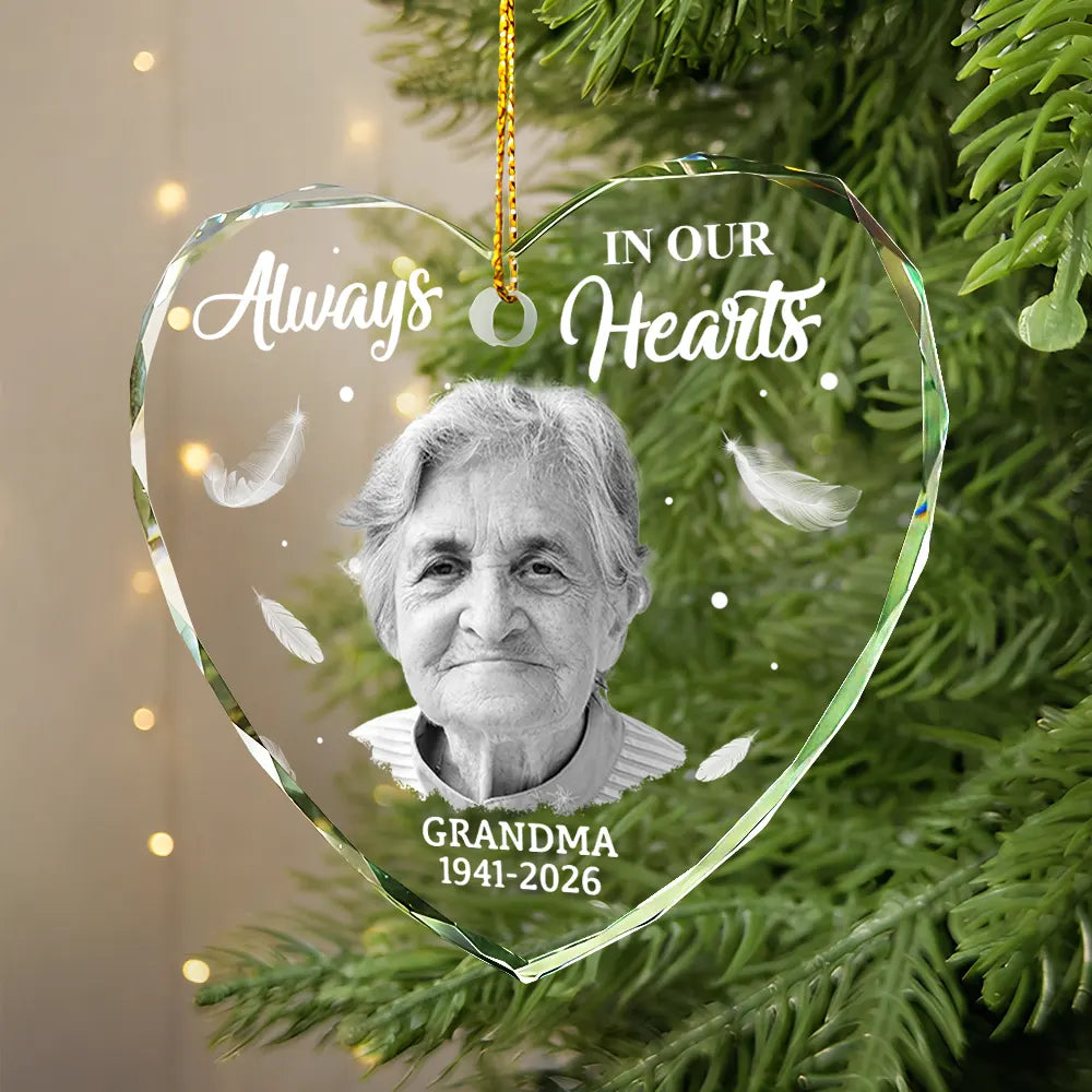Memorial, Family - Custom Photo Memorial Always In Our Heart - Personalized Glass Ornament