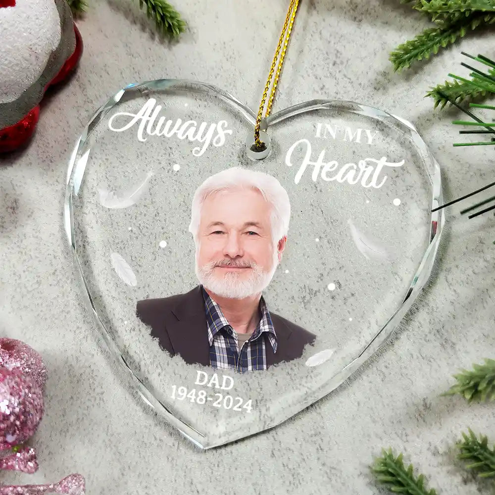 Memorial, Family - Custom Photo Memorial Always In Our Heart - Personalized Glass Ornament