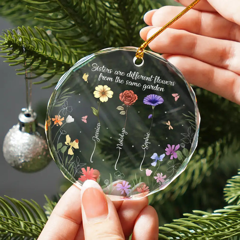 Gift For Sisters - Birth Flower Sisters From The Same Garden - Personalized Circle Glass Ornament
