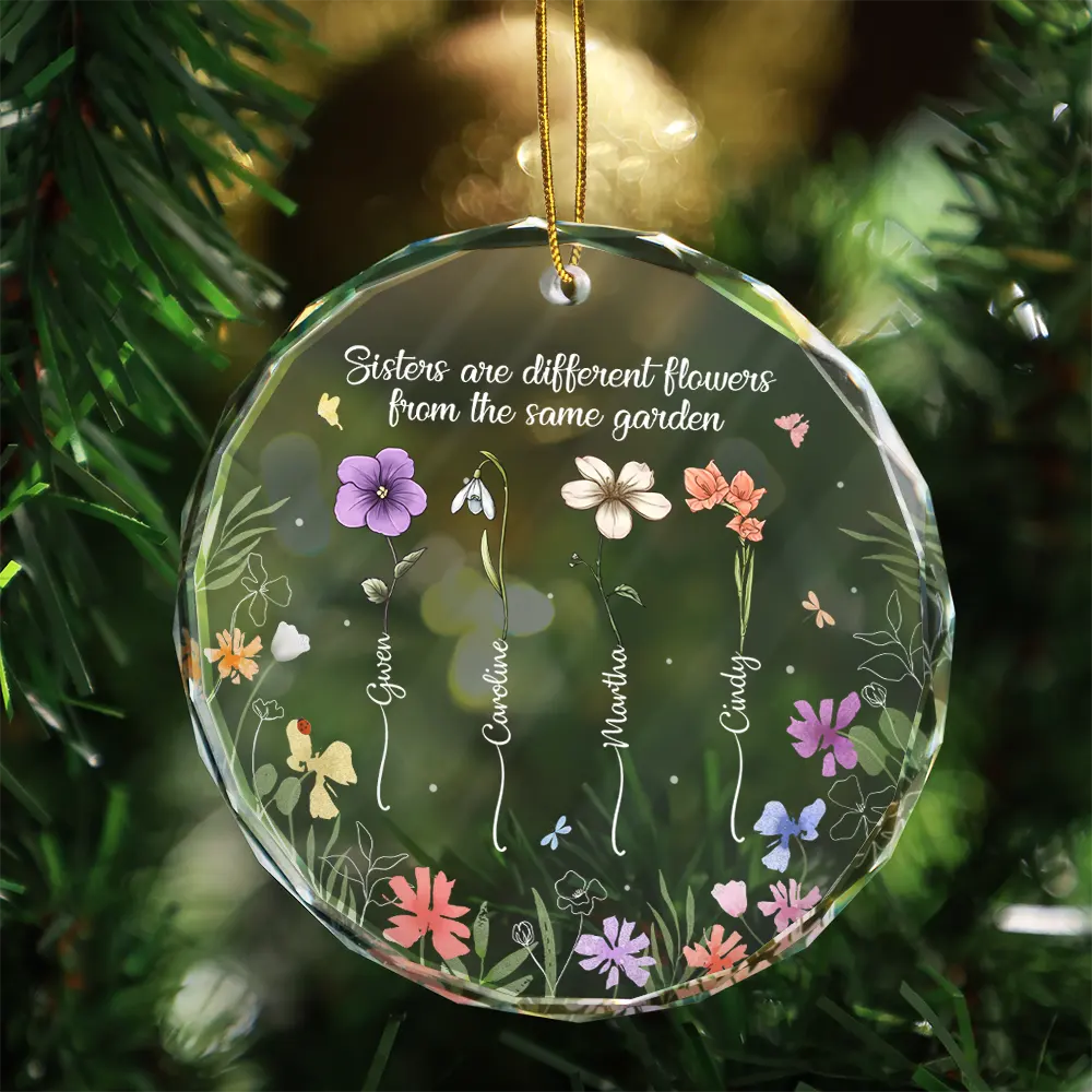 Gift For Sisters - Birth Flower Sisters From The Same Garden - Personalized Circle Glass Ornament