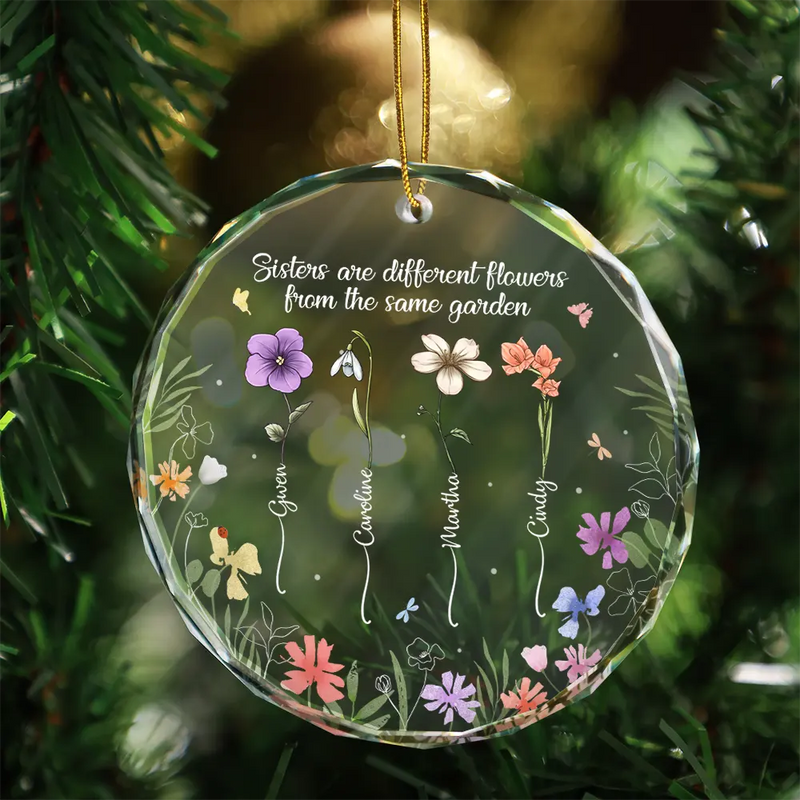 Gift For Sisters - Birth Flower Sisters From The Same Garden - Personalized Circle Glass Ornament