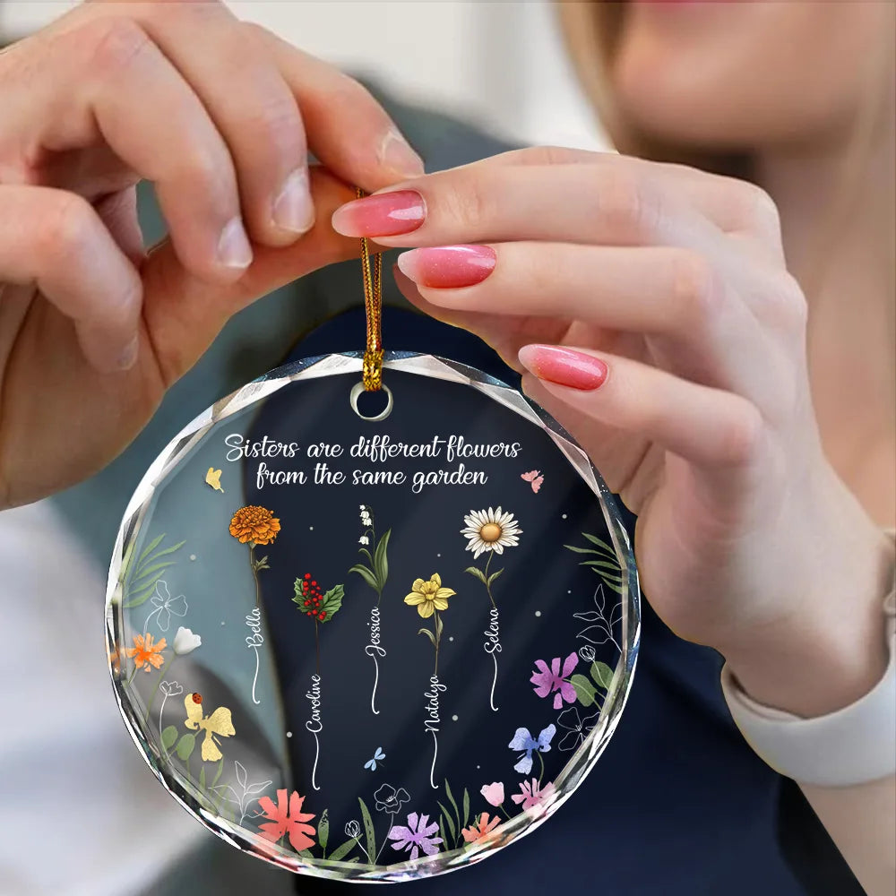Gift For Sisters - Birth Flower Sisters From The Same Garden - Personalized Circle Glass Ornament