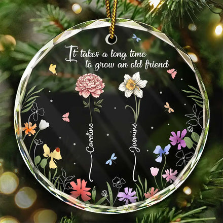 Fleur de naissance : vieillissez, amis ! - Ornement en verre rond personnalisé 