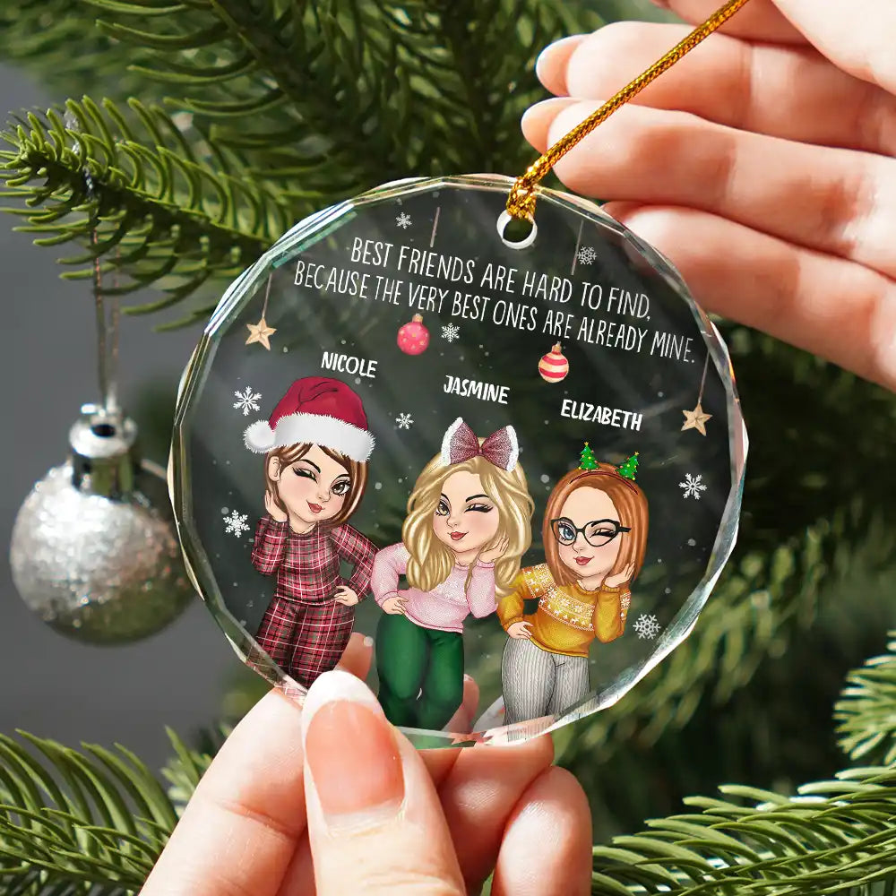 Gift For Bestie - Christmas Cartoon Best Friends Are Hard To Find - Personalized Circle Glass Ornament