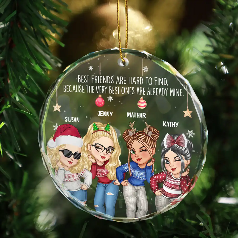 Gift For Bestie - Christmas Cartoon Best Friends Are Hard To Find - Personalized Circle Glass Ornament