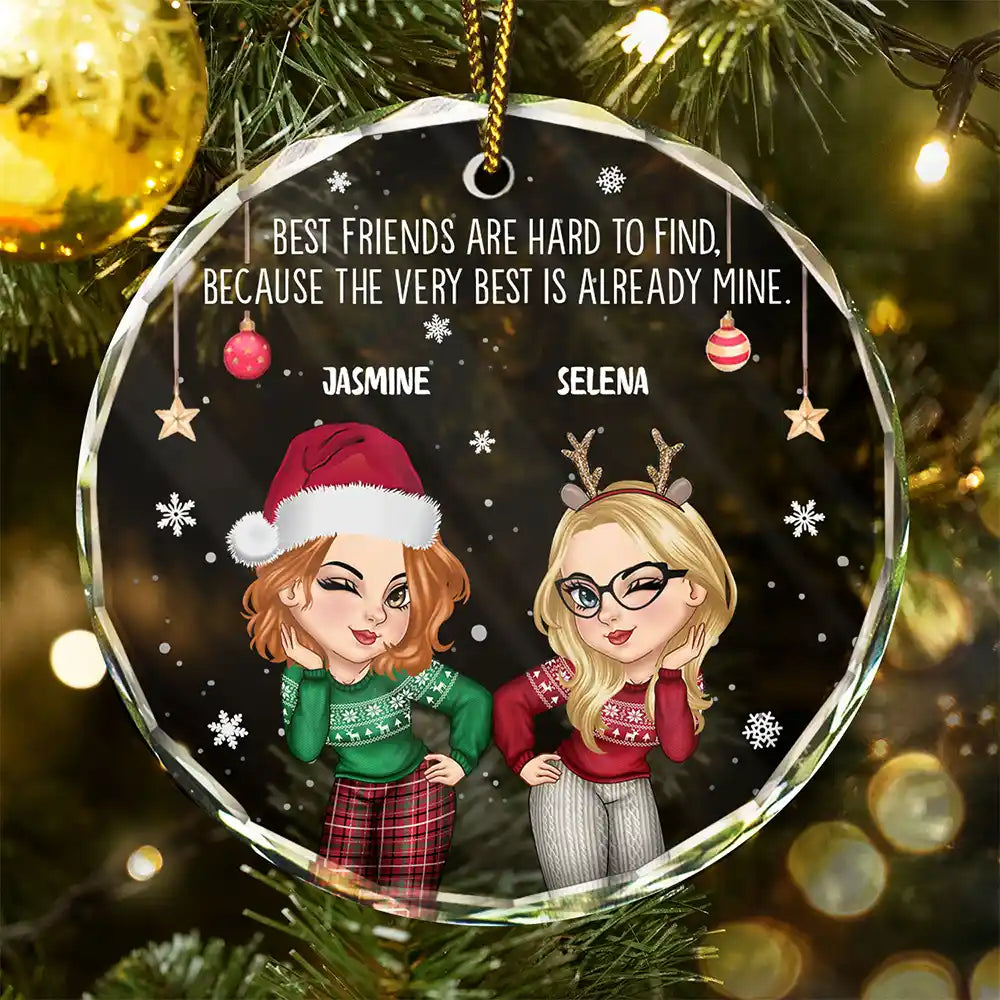 Gift For Bestie - Christmas Cartoon Best Friends Are Hard To Find - Personalized Circle Glass Ornament