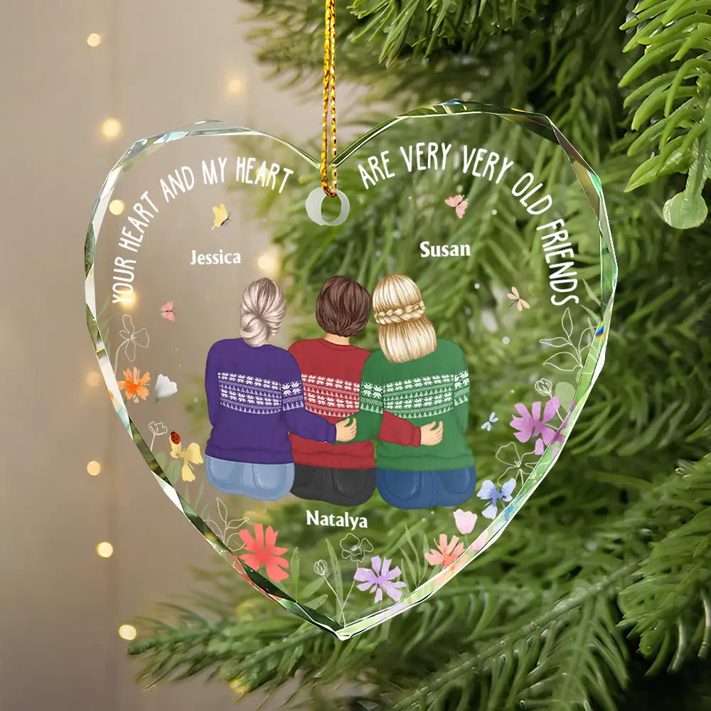 Gift For Bestie - Christmas Bestie Old Best Friends - Personalized Heart Shaped Glass Ornament

