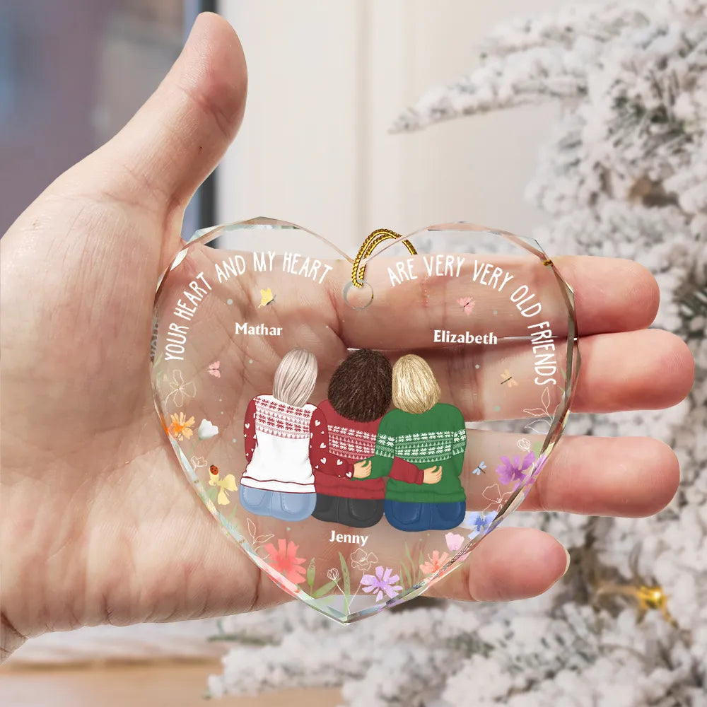 Gift For Bestie - Christmas Bestie Old Best Friends - Personalized Heart Shaped Glass Ornament
