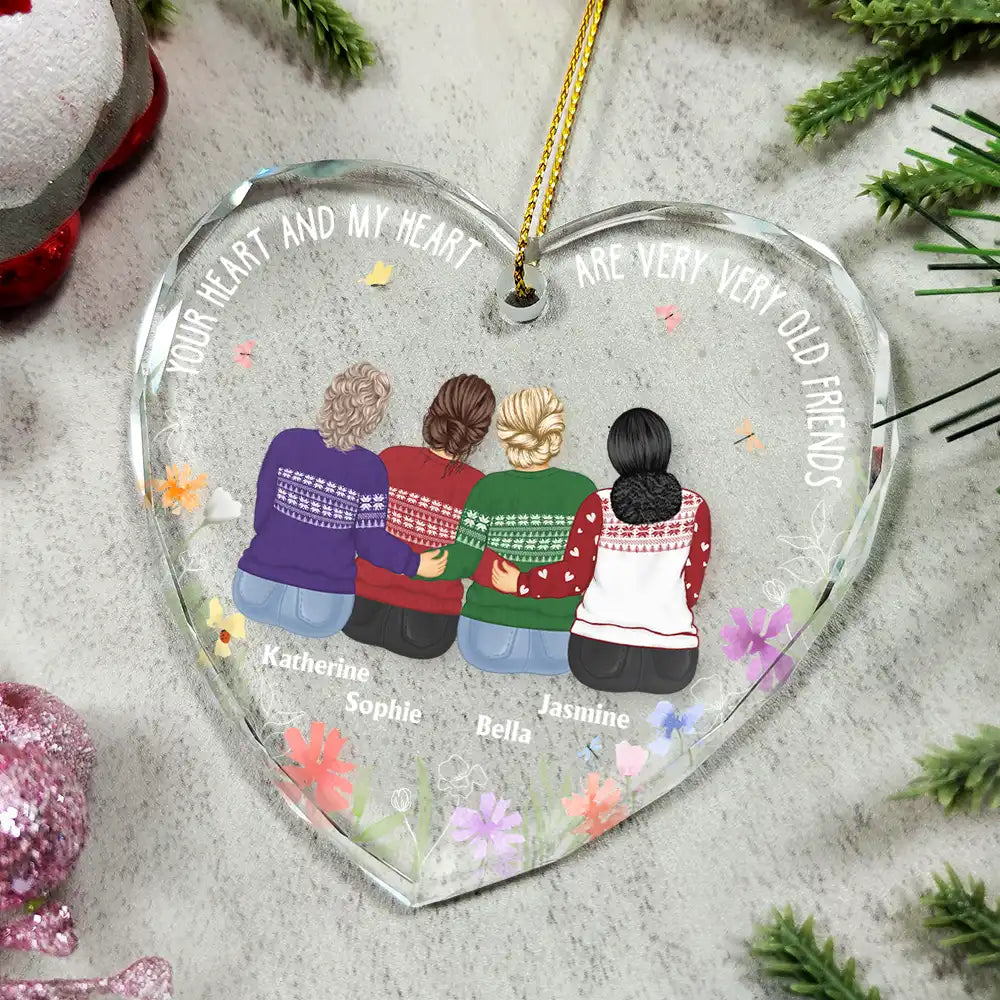 Gift For Bestie - Christmas Bestie Old Best Friends - Personalized Heart Shaped Glass Ornament

