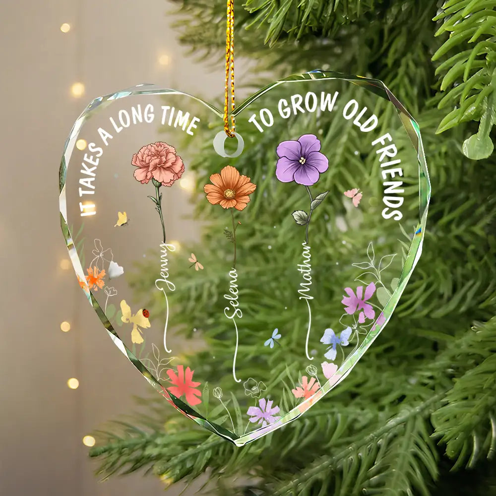 Gift For Bestie - Birth Flowers Very Old Friends - Personalized Heart Shaped Glass Ornament