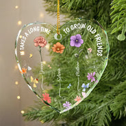 Gift For Bestie - Birth Flowers Very Old Friends - Personalized Heart Shaped Glass Ornament