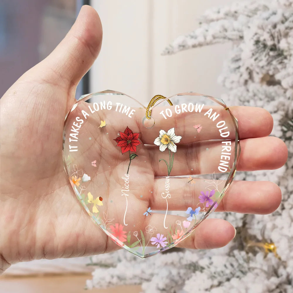 Gift For Bestie - Birth Flowers Very Old Friends - Personalized Heart Shaped Glass Ornament