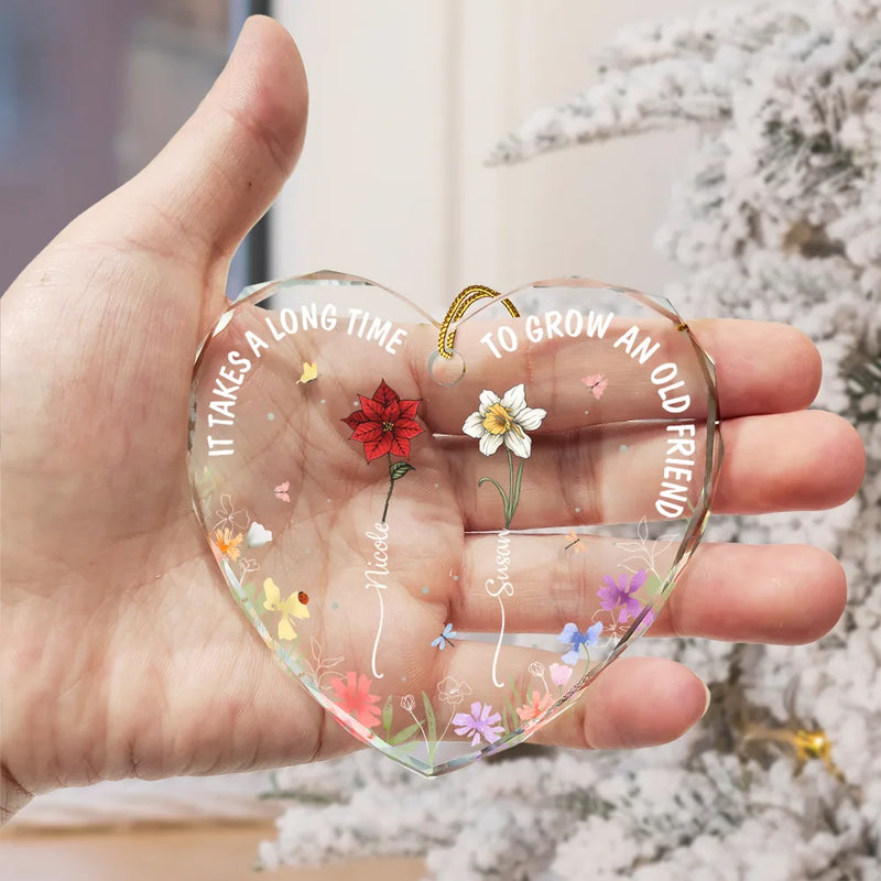 Gift For Bestie - Birth Flowers Very Old Friends - Personalized Heart Shaped Glass Ornament