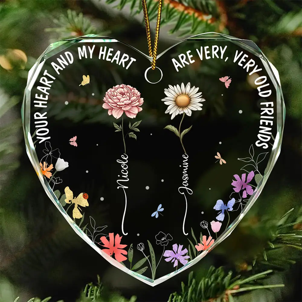 Birth Flowers Very Old Friends - Personalized Heart Shaped Glass Ornament