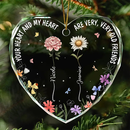 Birth Flowers Very Old Friends - Personalized Heart Shaped Glass Ornament