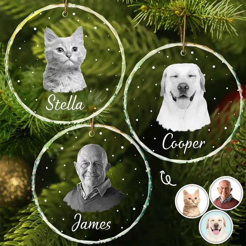 Christmas,Custom Photo,Memorial,Pet Lovers,Sad - Custom Photo Christmas Gift For Family, Pet Lovers, Bestie - Personalized Circle Glass Ornament
