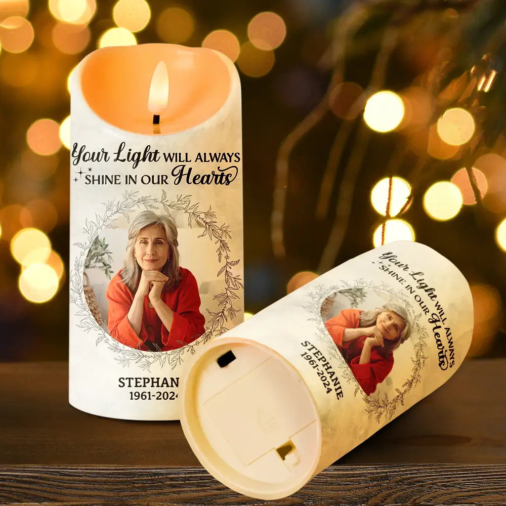 Memorial,Custom Photo,Sad - Custom Photo Your Light Will Always Shine In My Heart - Personalized Flameless LED Candle