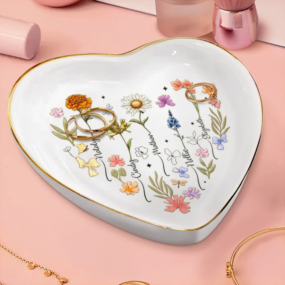 Gift For Grandma, Gift For Mother, Gift For Sisters, Gift For Bestie, Family - Birth Flowers In Bloom For Besties, Sisters, Mother, Grandma - Personalized Heart Ring Dish
