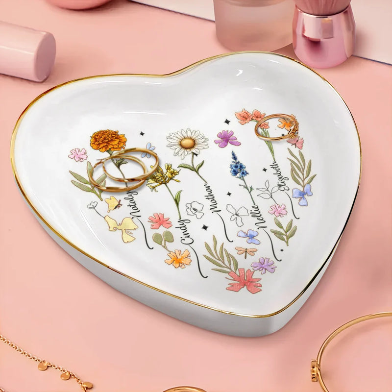 Gift For Grandma, Gift For Mother, Gift For Sisters, Gift For Bestie, Family - Birth Flowers In Bloom For Besties, Sisters, Mother, Grandma - Personalized Heart Ring Dish

