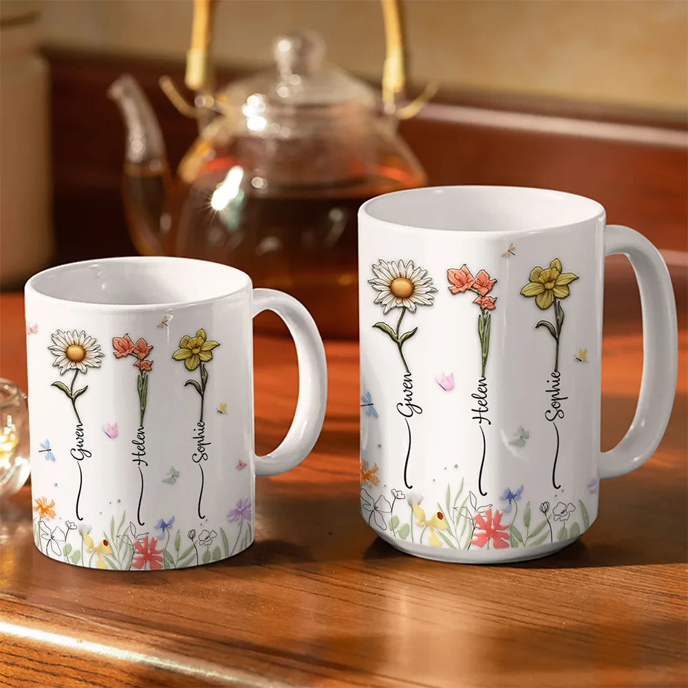 Gift For Sisters, Gift For Sibling - Birth Flower Sisters From The Same Garden - 3D Embossed Effect Printed Mug, Personalized White Edge-to-Edge Mug
