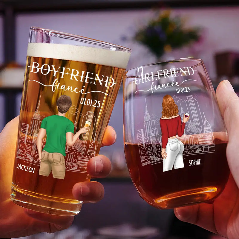 Couple Boyfriend Fiance Girlfriend Fiancee - Personalized Combo Wine & Beer Glass